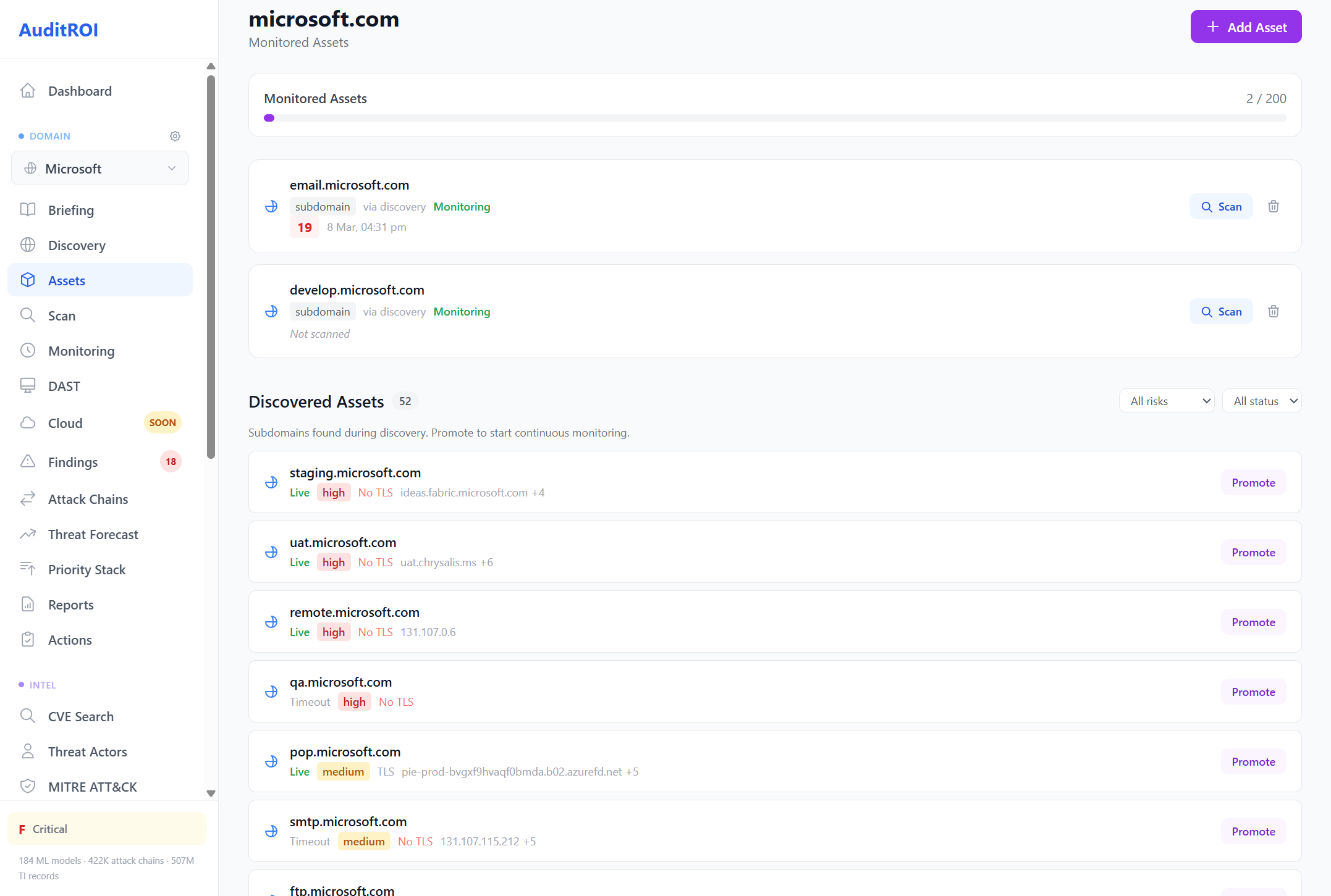 Asset inventory with monitored and discovered assets