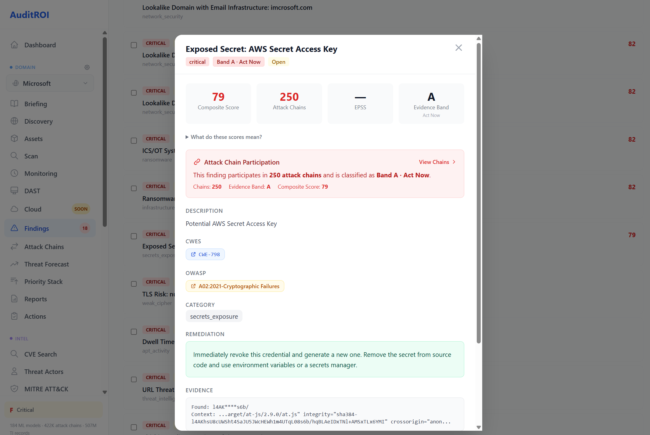 Finding card with composite score and remediation steps