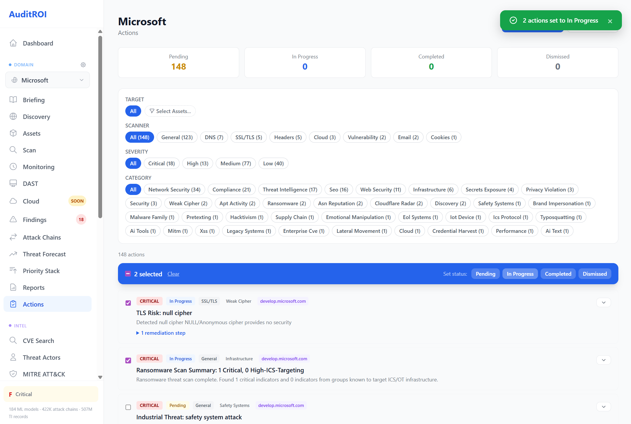 Action center with prioritized remediation tasks, scanner categories, severity filters, and batch action controls