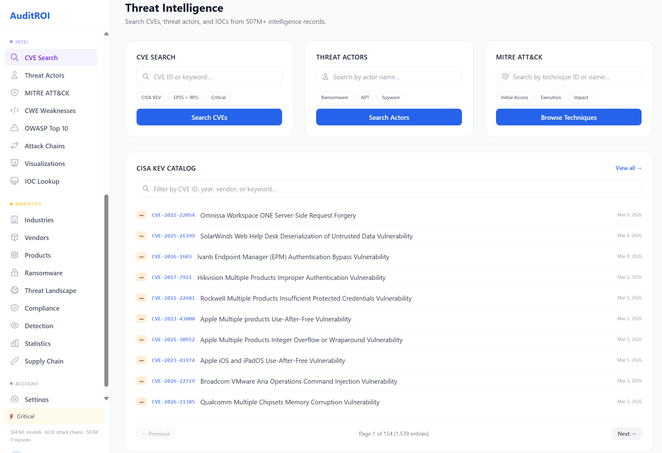Threat intelligence console with CVE search, threat actors, MITRE ATT&CK browser, and CISA KEV catalog