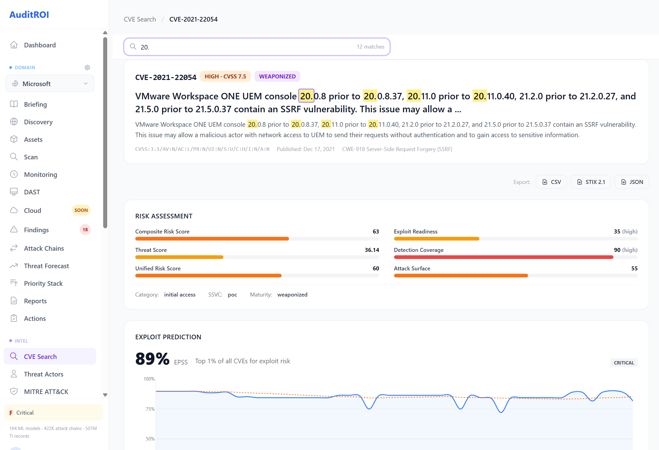 CVE detail page showing risk assessment scores, exploit prediction probability, and threat intelligence enrichment