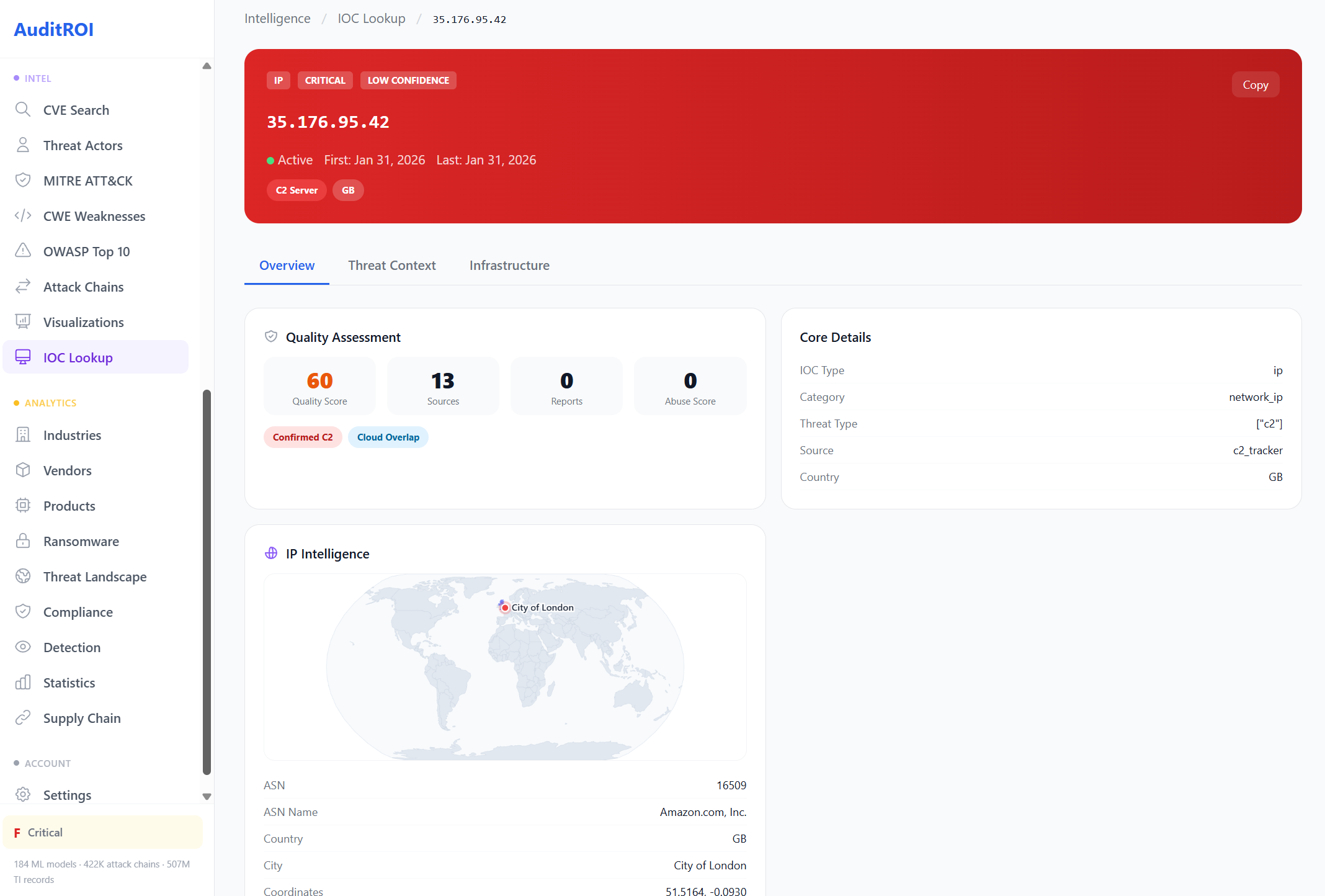 IOC detail: IP intelligence with quality score 60, geolocation, ASN, threat context